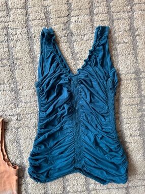 Leom Designs Ruched V-Neck Tank Top in Teal